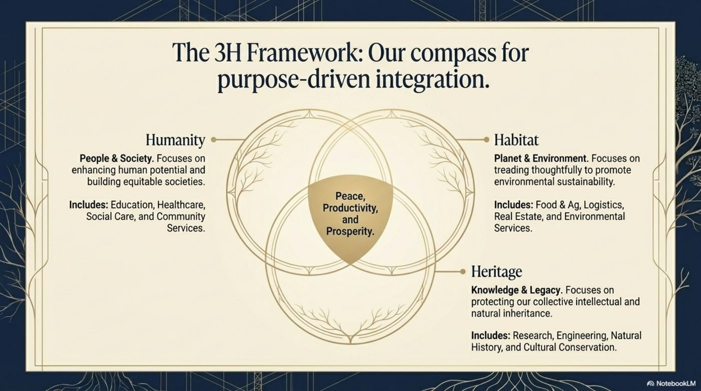 The 3H Framework — Humanity, Habitat, Heritage with Peace, Productivity, and Prosperity at the center